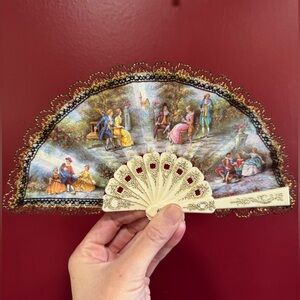 Vintage Decorative Hand Fan with Lace and Victorian Artwork